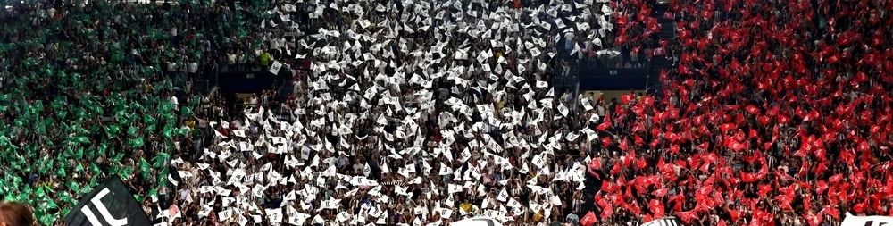 Eine riesige Stadion-Choreografie auf den Tribünen des Juventus Stadiums in den Farben Grün, Weiß und Rot. Fans schwenken hunderte kleine Fahnen vor einem Champions-League-Spiel. Das perfekte Erlebnis bei einer Fußballreise nach Italien.